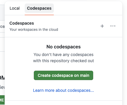 Меню Code, вкладка Codespaces, кнопка Create codespace on main