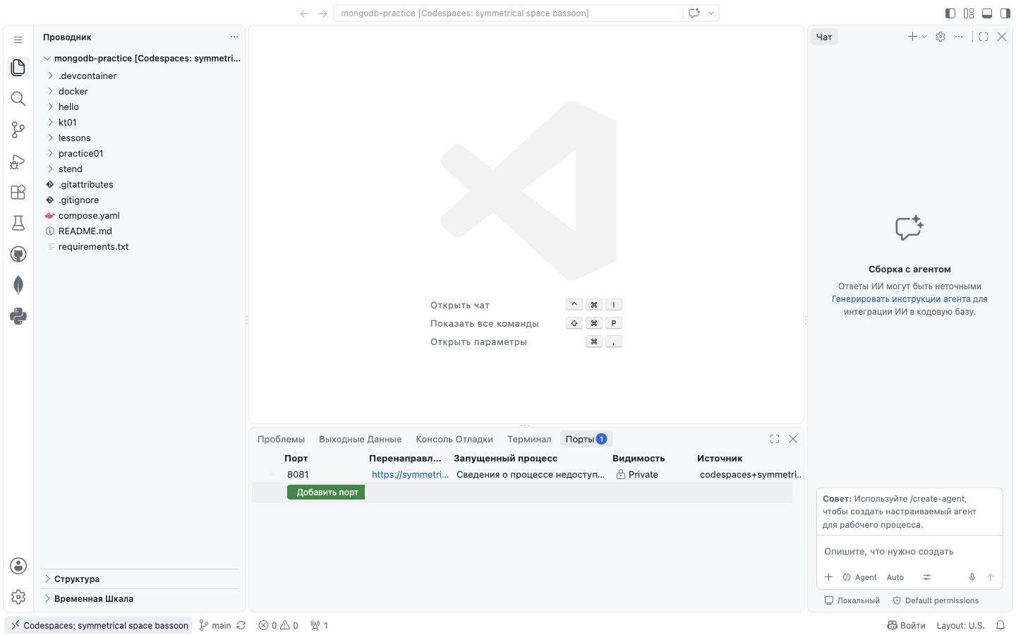 Codespace в браузере: вкладка Порты со строкой 8081