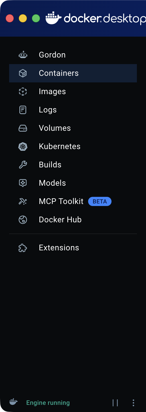 Боковая панель Docker Desktop с надписью Engine running внизу