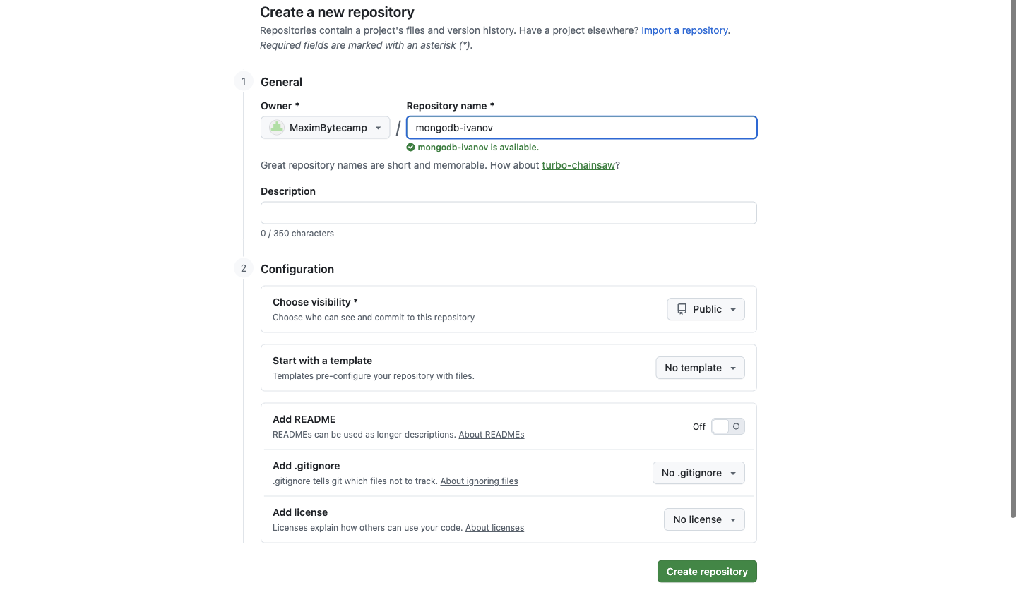 Форма Create a new repository с именем mongodb-ivanov