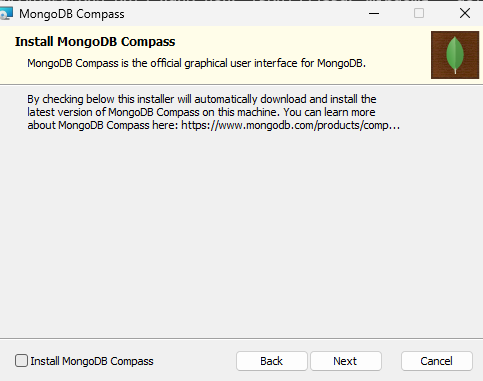 Важно: снять галочку Install MongoDB Compass, иначе установщик скачает последний Compass. Next