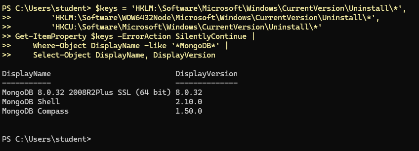 Windows · PowerShell — список установленных программ MongoDB