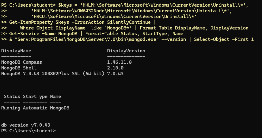 Windows · PowerShell — сервер 7.0.43 работает как служба, Compass 1.46.11 установлен