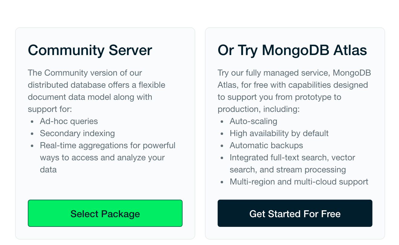 mongodb.com · Community Server — кнопка Select Package раскрывает выбор версии