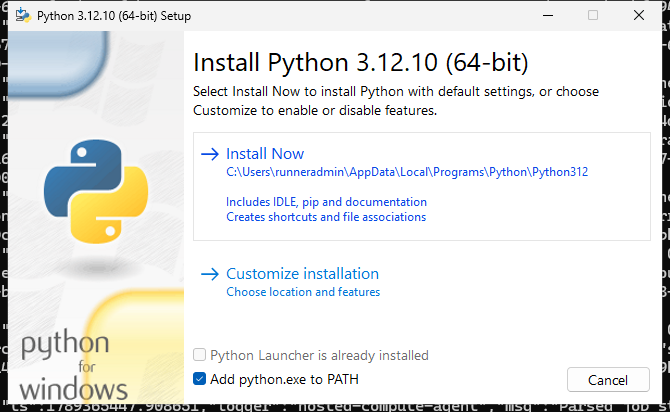 Установщик Python с окном «Add python.exe to PATH» и отмеченной галочкой