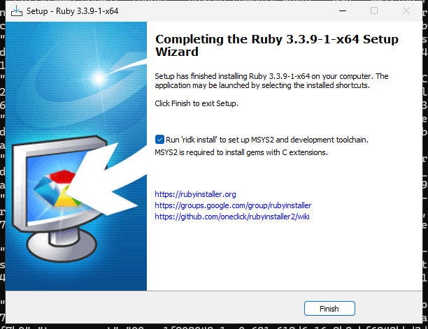 Последний экран RubyInstaller с отмеченной галочкой Run ridk install